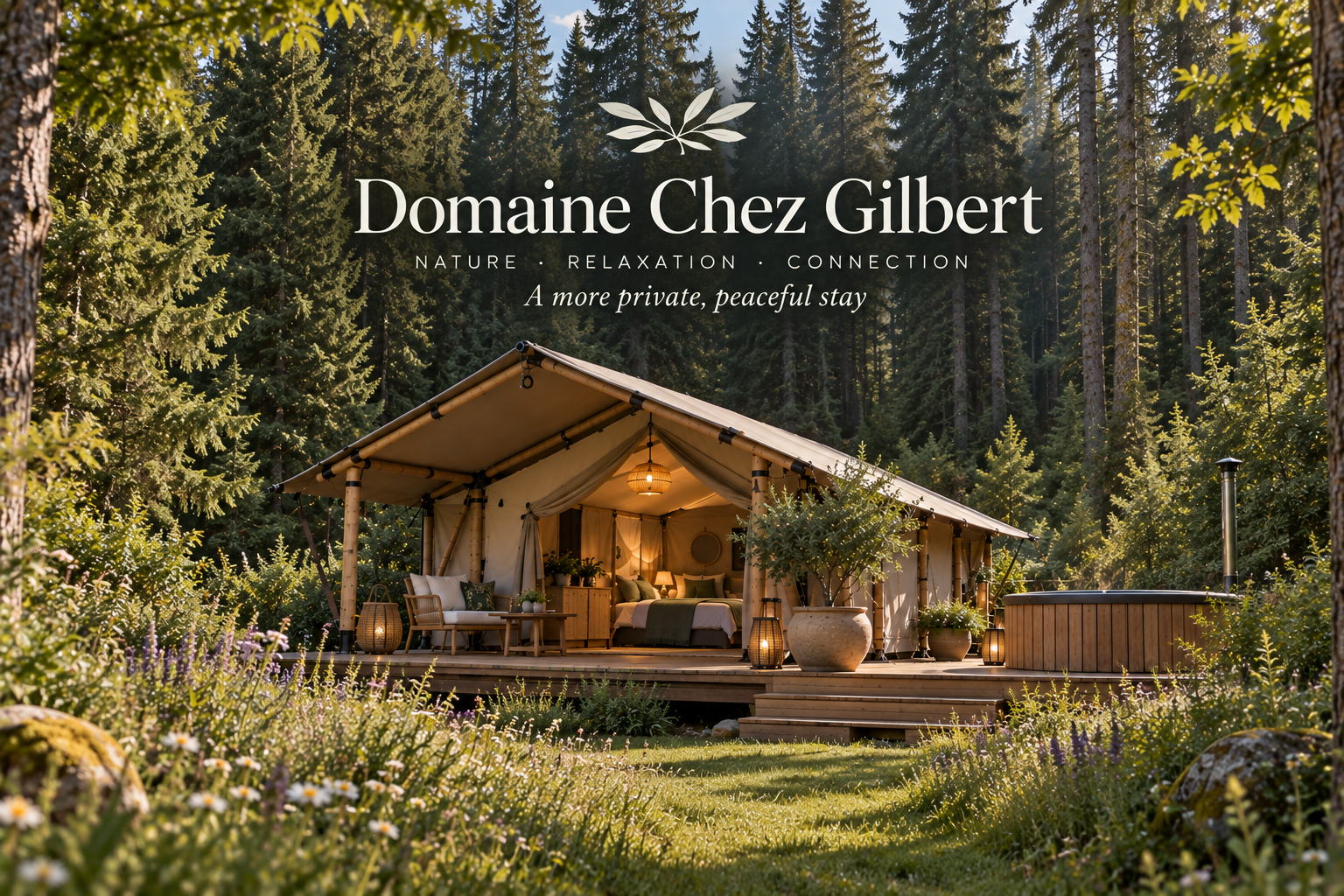 A lamplit safari tent on a timber deck at the edge of the woods, with a wood-fired hot tub beside it and wildflowers in the grass.
