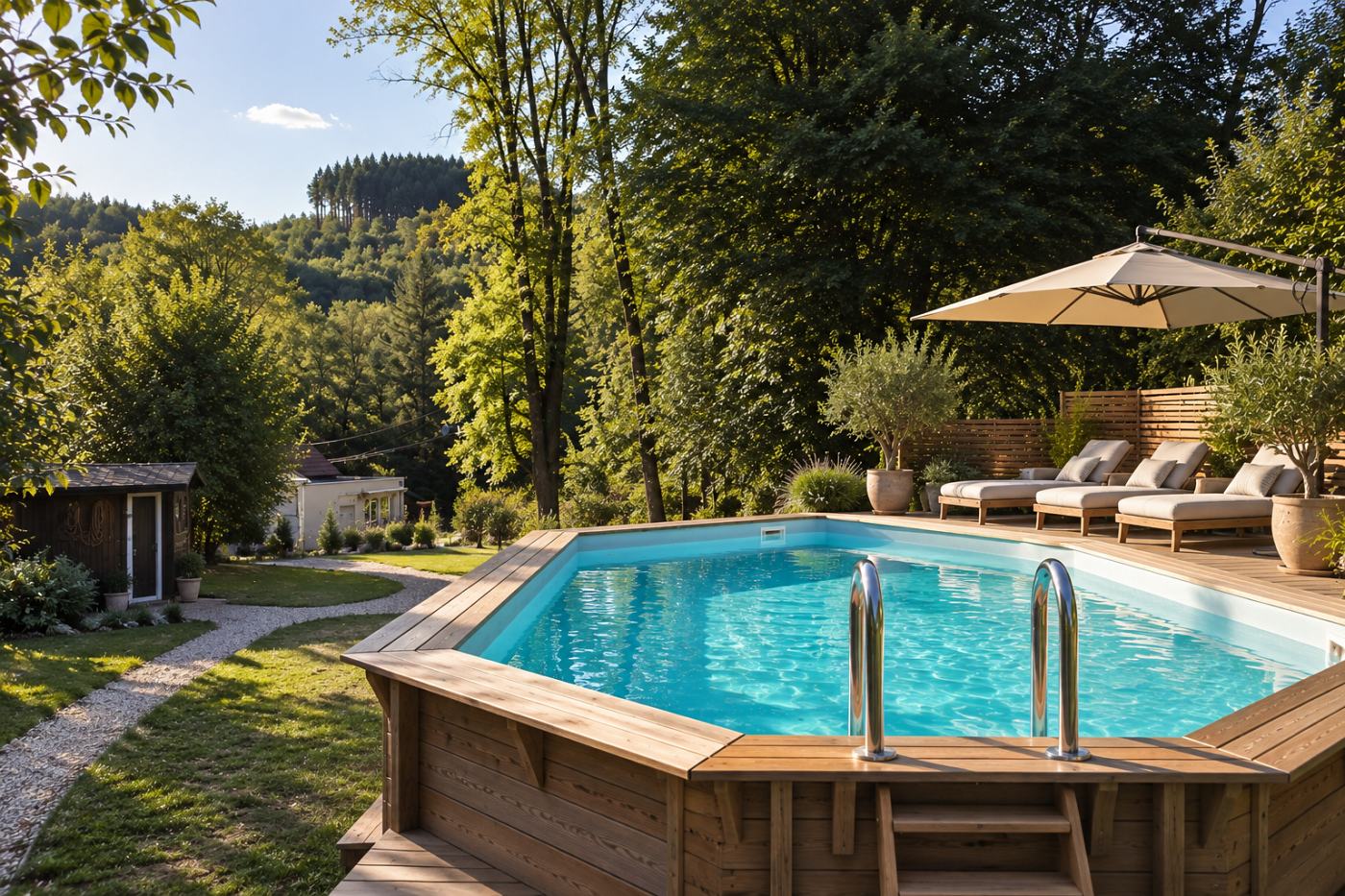 A wooden-sided swimming pool with clear blue water, loungers and a parasol on the deck beside it, and wooded hills beyond.