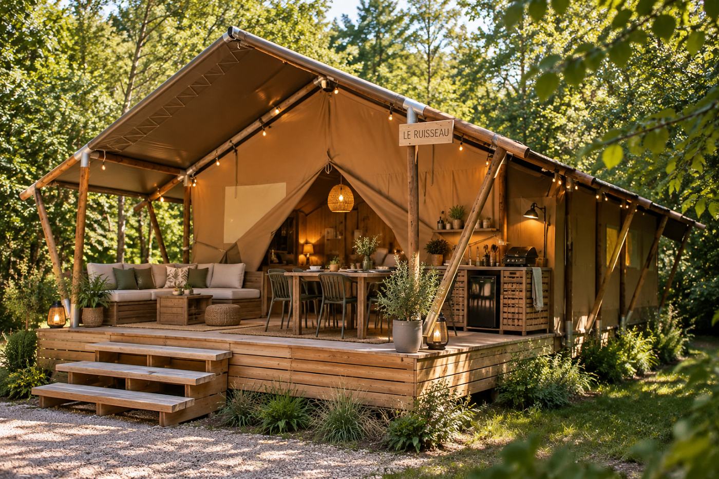 A family safari tent named Le Ruisseau, lit from within at dusk, with a deep veranda holding a sofa, dining table and outdoor kitchen, and festoon lights strung along the roof.