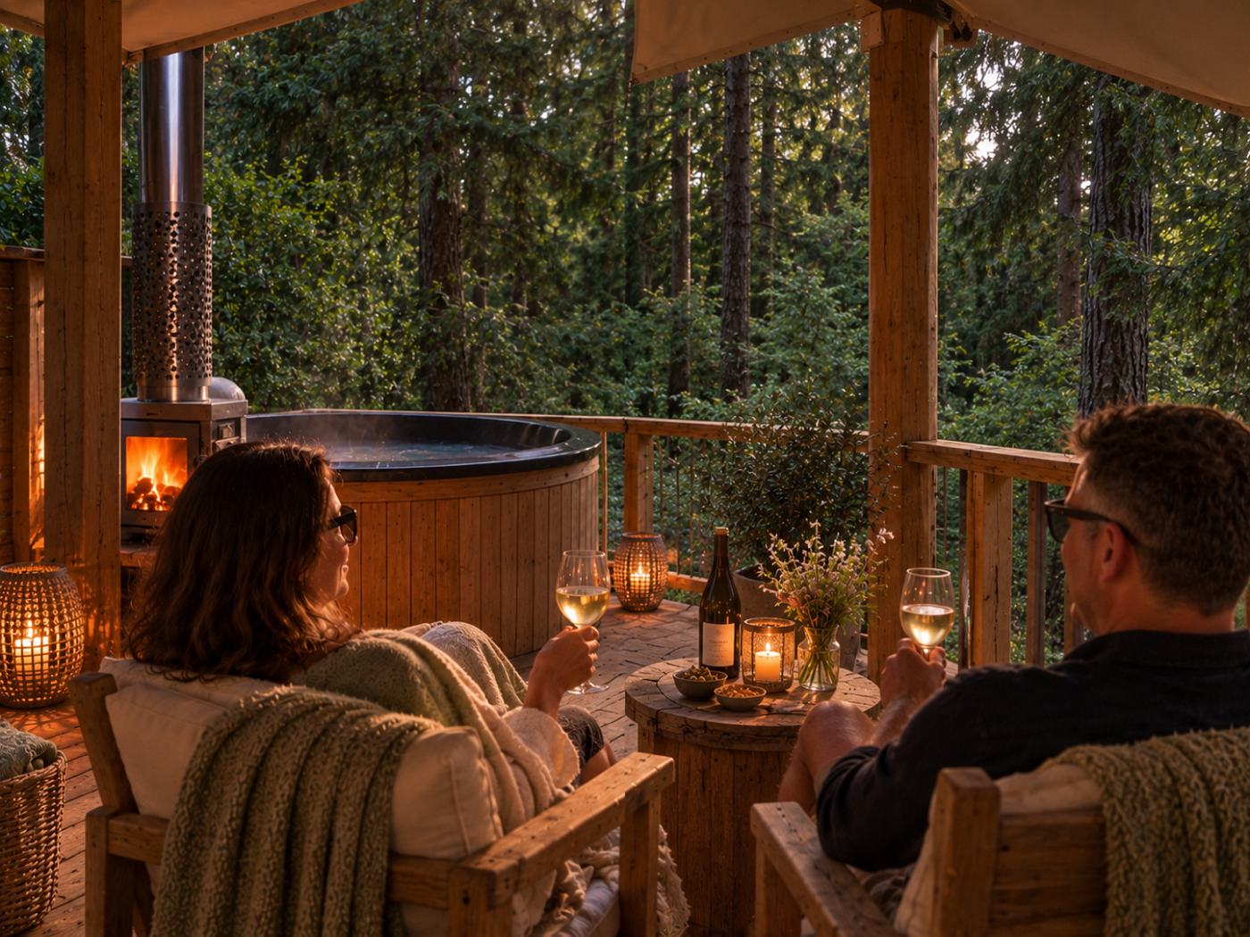 Two people wrapped in blankets with glasses of white wine on a lamplit veranda at dusk, a wood-fired hot tub steaming beside them and tall firs beyond.
